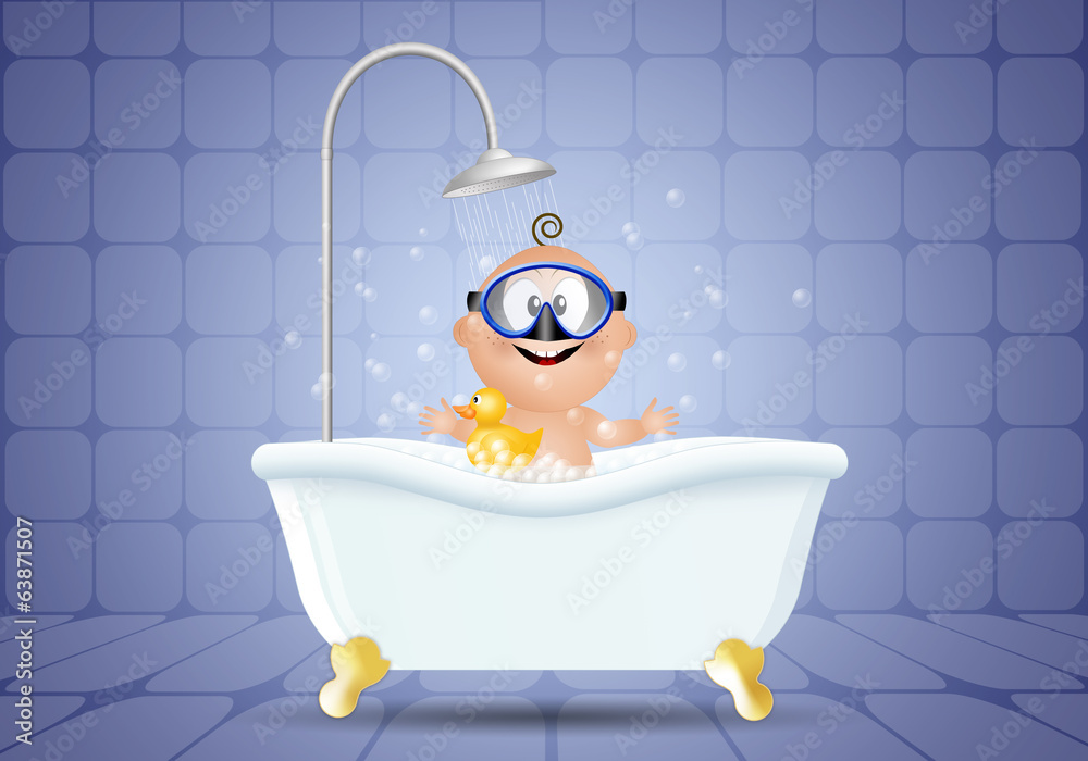 Naklejka premium Baby in bathroom with diving mask
