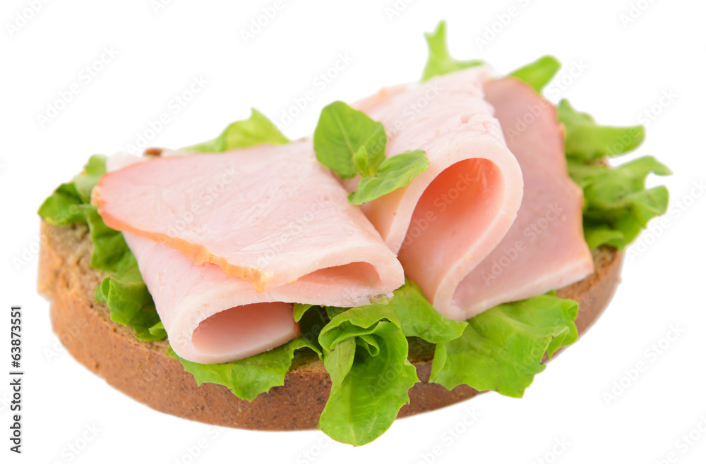 Delicious sandwich with lettuce and ham isolated on white Delicious sandwich with lettuce and ham isolated on white