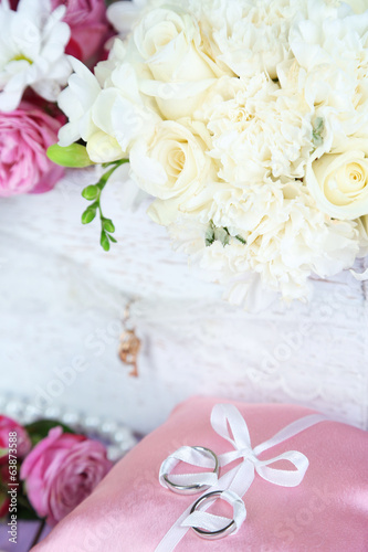 Beautiful wedding composition with flowers close up