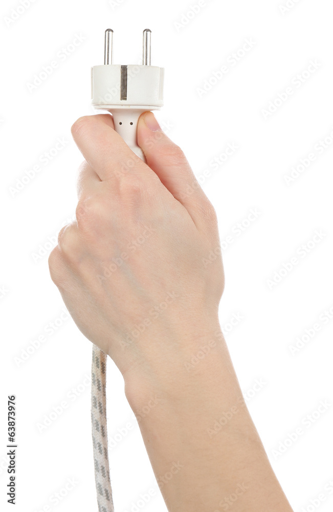 Hand holding electric plug isolated on white Hand holding electric plug isolated on white