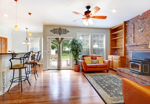 Luxury living room with doors to backyard photo