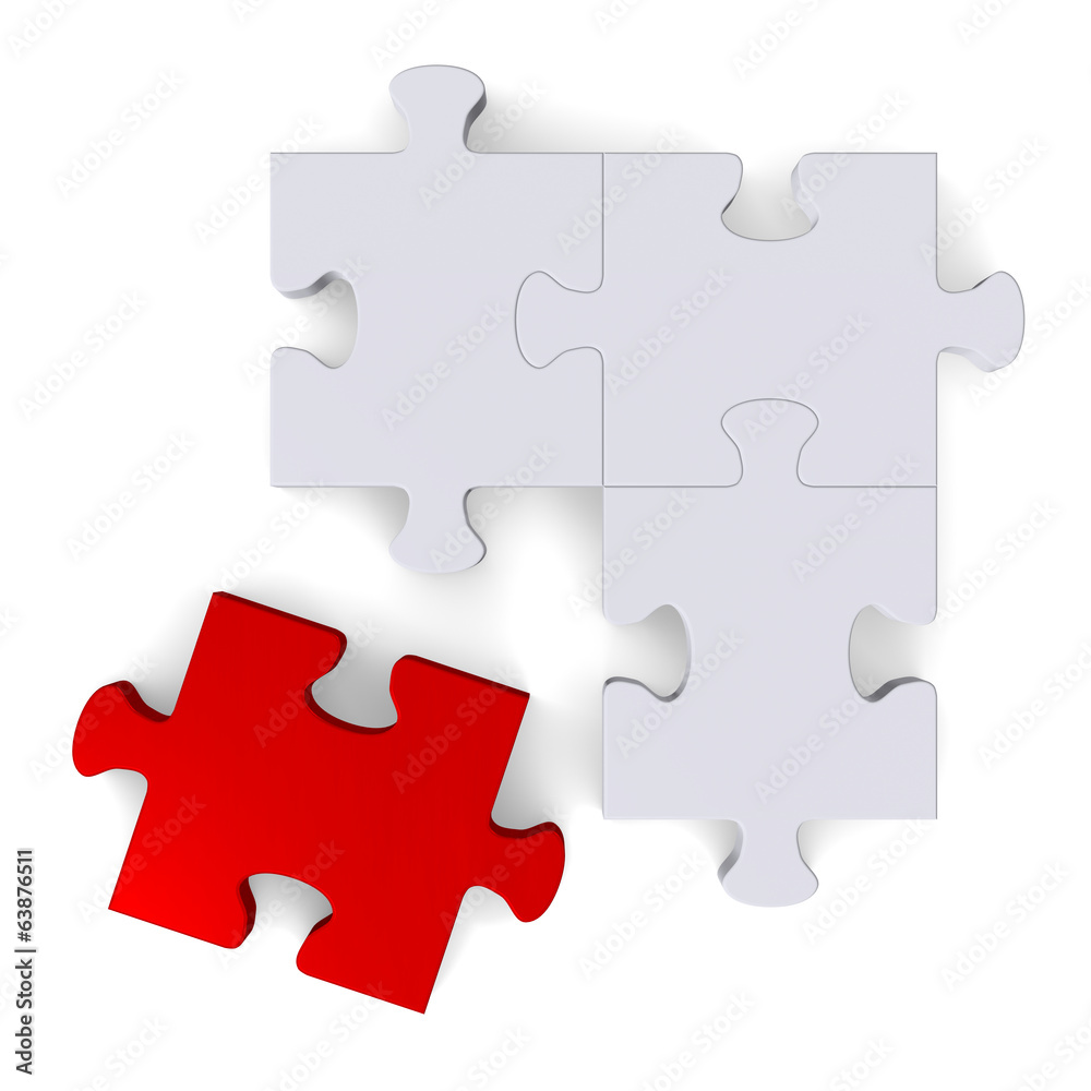 3d puzzle with red missing piece on white, top view 3d puzzle with red missing piece on white, top view