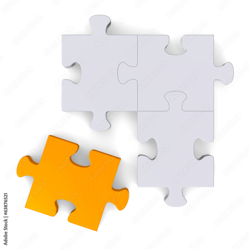 3d puzzle with orange missing piece on white, top view 3d puzzle with orange missing piece on white, top view