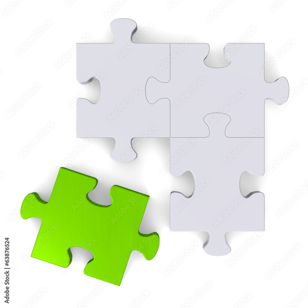 3d puzzle with green missing piece on white, top view 3d puzzle with green missing piece on white, top view