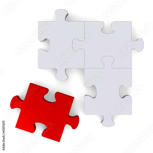 3d puzzle with red missing piece on white, top view