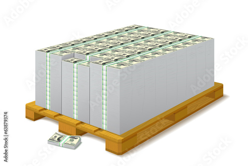 Pack of banknotes on a wooden pallet.