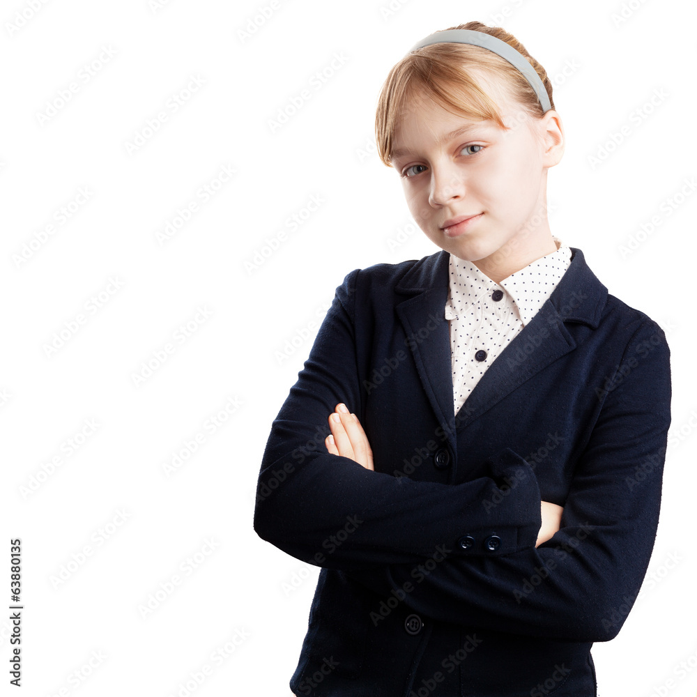 Closeup portrait of serious blond Caucasian schoolgirl isolated Closeup portrait of serious blond Caucasian schoolgirl isolated