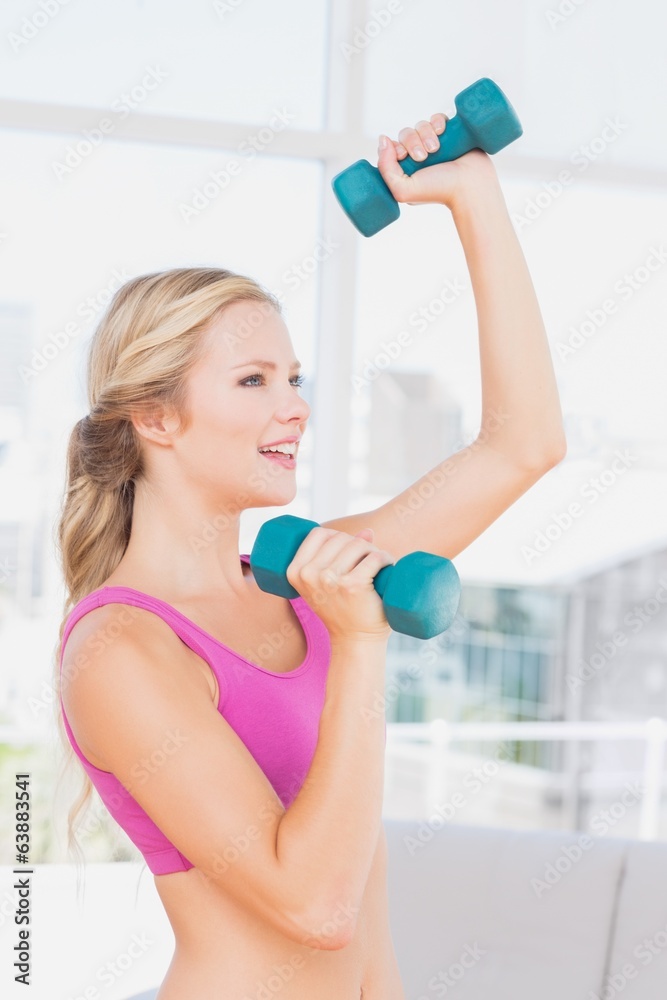 Toned blonde lifting dumbbells and smiling Toned blonde lifting dumbbells and smiling