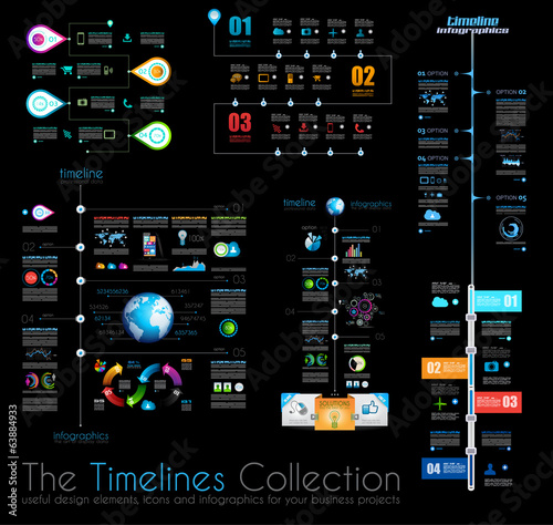 Timeline Infographic design templates Set 1 on Black.