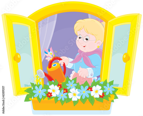 Granny watering flowers