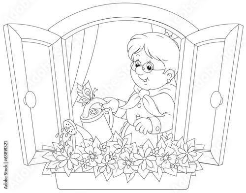 Granny watering flowers