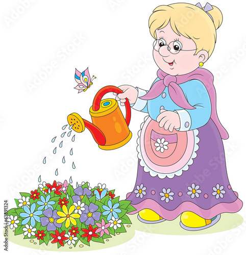 Granny watering flowers