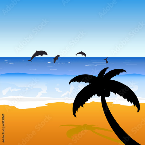 palm on the beach with dolphins color vector