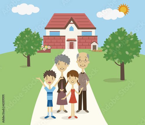 おじいちゃん、おばあちゃんと孫、家の前