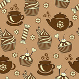 seamless brown background with tea and sweets