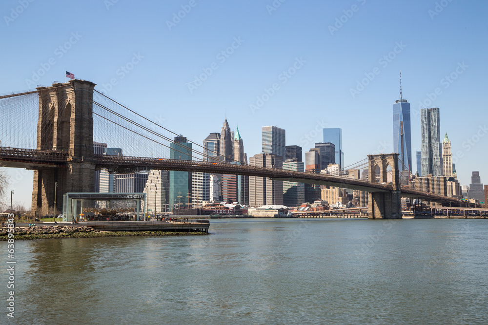 New York City Manhattan downtown skyline Brooklyn Bridge