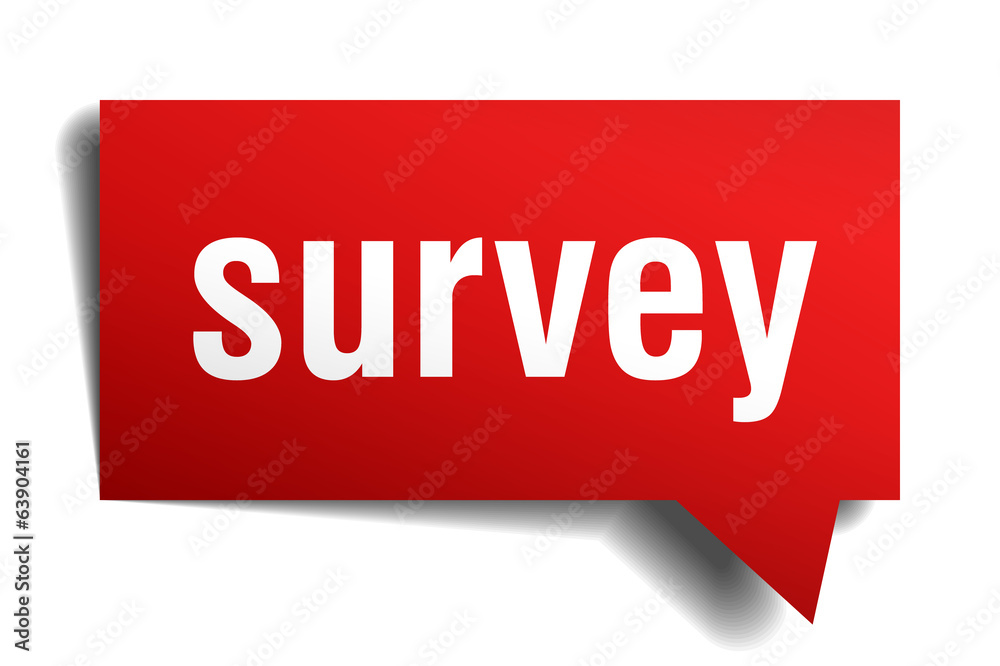 Survey red 3d realistic paper speech bubble isolated on white Survey red 3d realistic paper speech bubble isolated on white