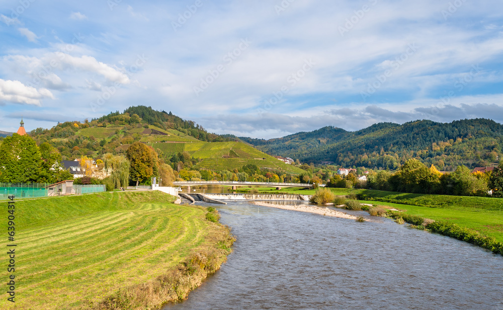 Obraz premium View of Kinzig river in the Black Forest mountains. Germany