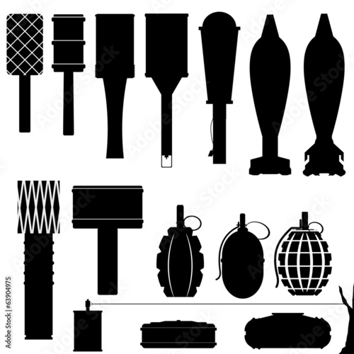 Set of silhouettes of grenades and mines
