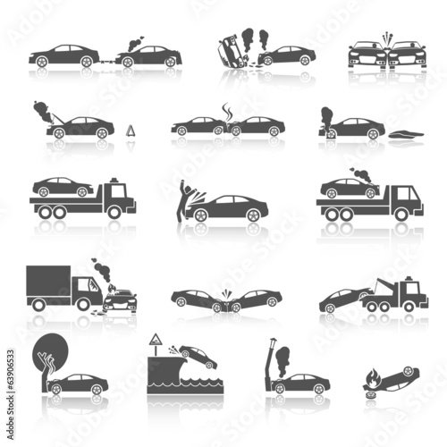 Black and white car crash icons