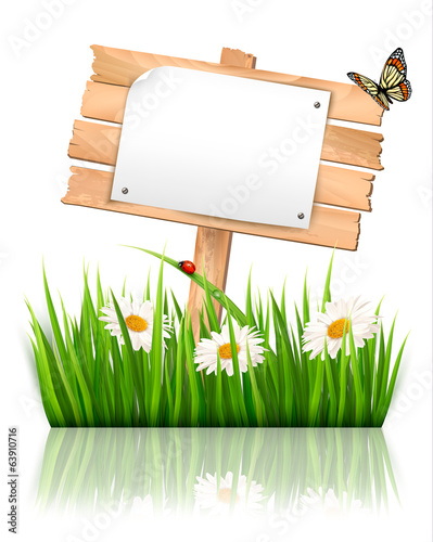 Nature background with grass and sign and a paper. Vector.