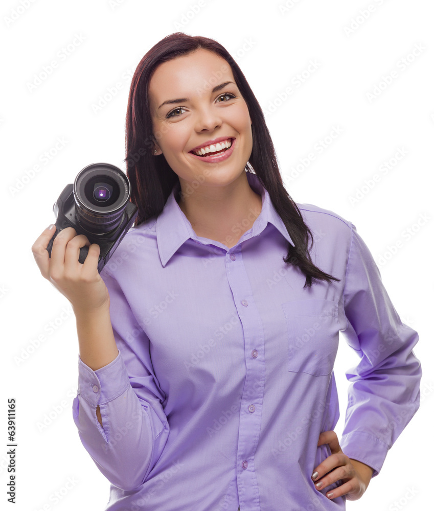 Attractive Mixed Race Young woman With DSLR Camera on White Attractive Mixed Race Young woman With DSLR Camera on White