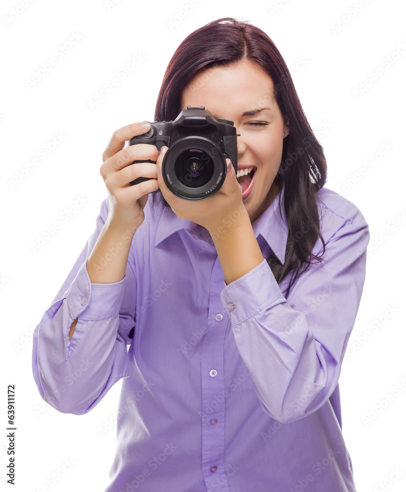 Attractive Mixed Race Young woman With DSLR Camera on White Attractive Mixed Race Young woman With DSLR Camera on White