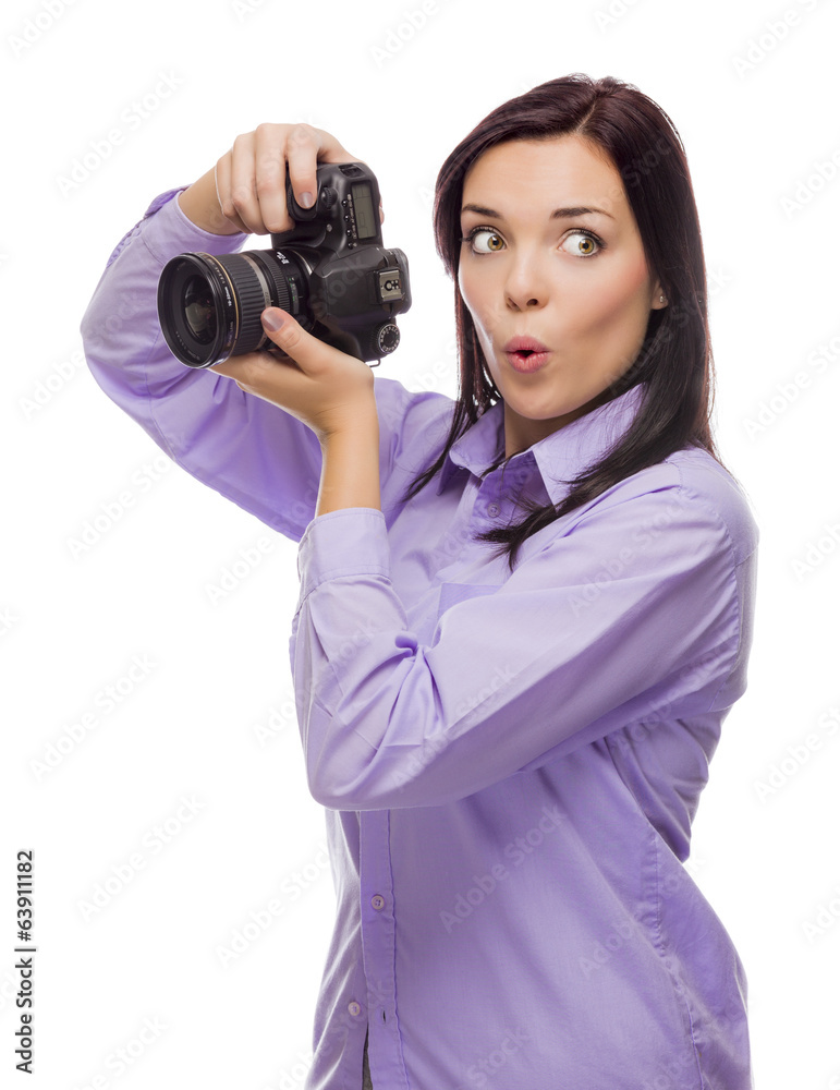 Attractive Mixed Race Young woman With DSLR Camera on White Attractive Mixed Race Young woman With DSLR Camera on White