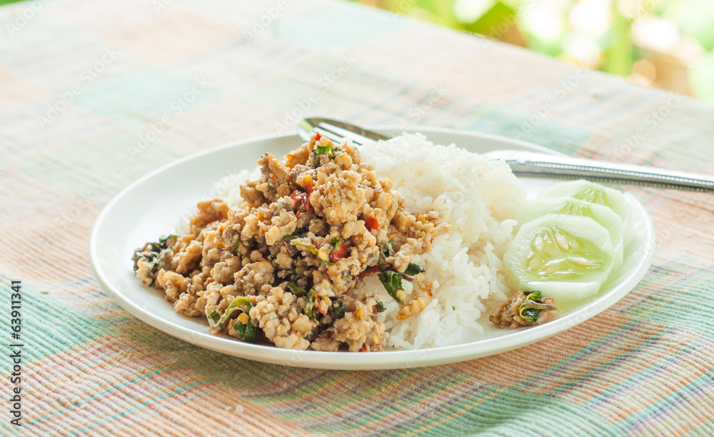 Thai spicy food , fried fish with sweet basil Thai spicy food , fried fish with sweet basil
