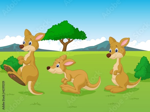 Cute kangaroo cartoon playing in the grassland