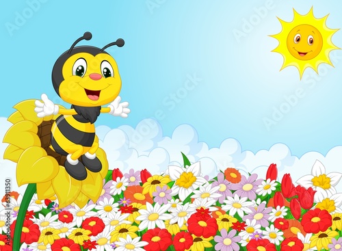 Cartoon bee sitting on the flower
