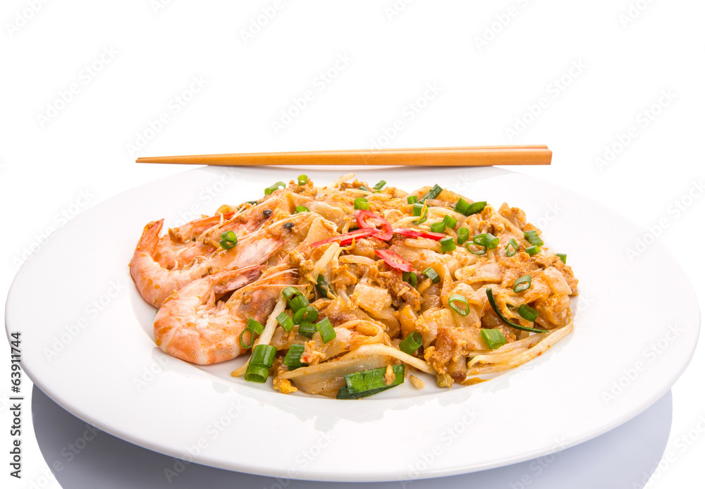Fried char kway teow with prawns and chopstick Fried char kway teow with prawns and chopstick