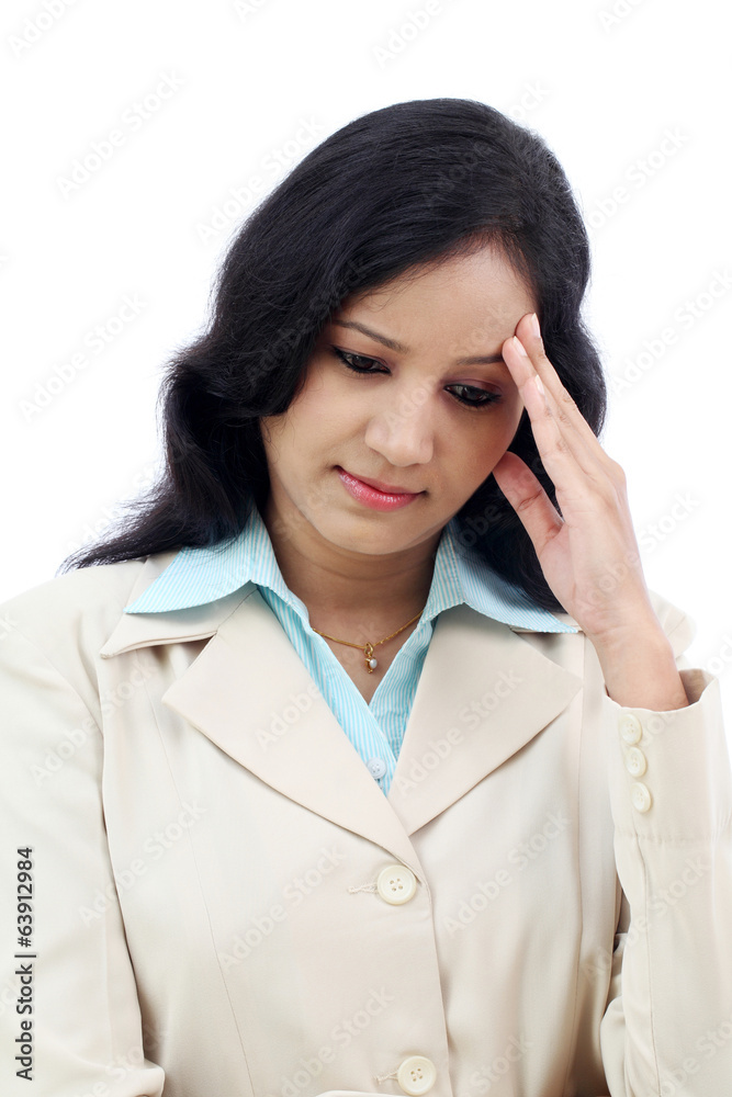 Stressed young business woman against white Stressed young business woman against white