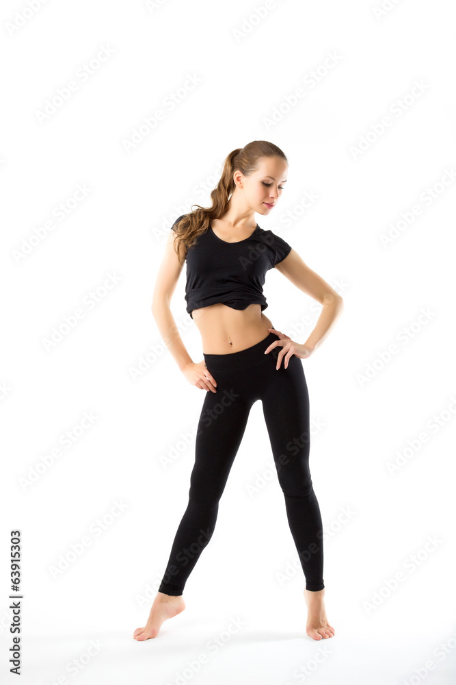 Young woman doing aerobics and stretching, isolated on white bac Young woman doing aerobics and stretching, isolated on white bac
