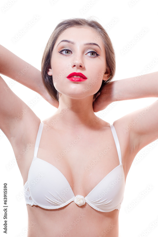 Obraz premium brunette woman with red lips in white underwear
