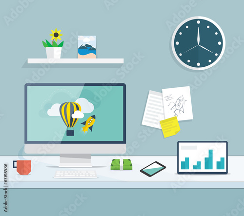 Flat desktop of web and graphic design development office