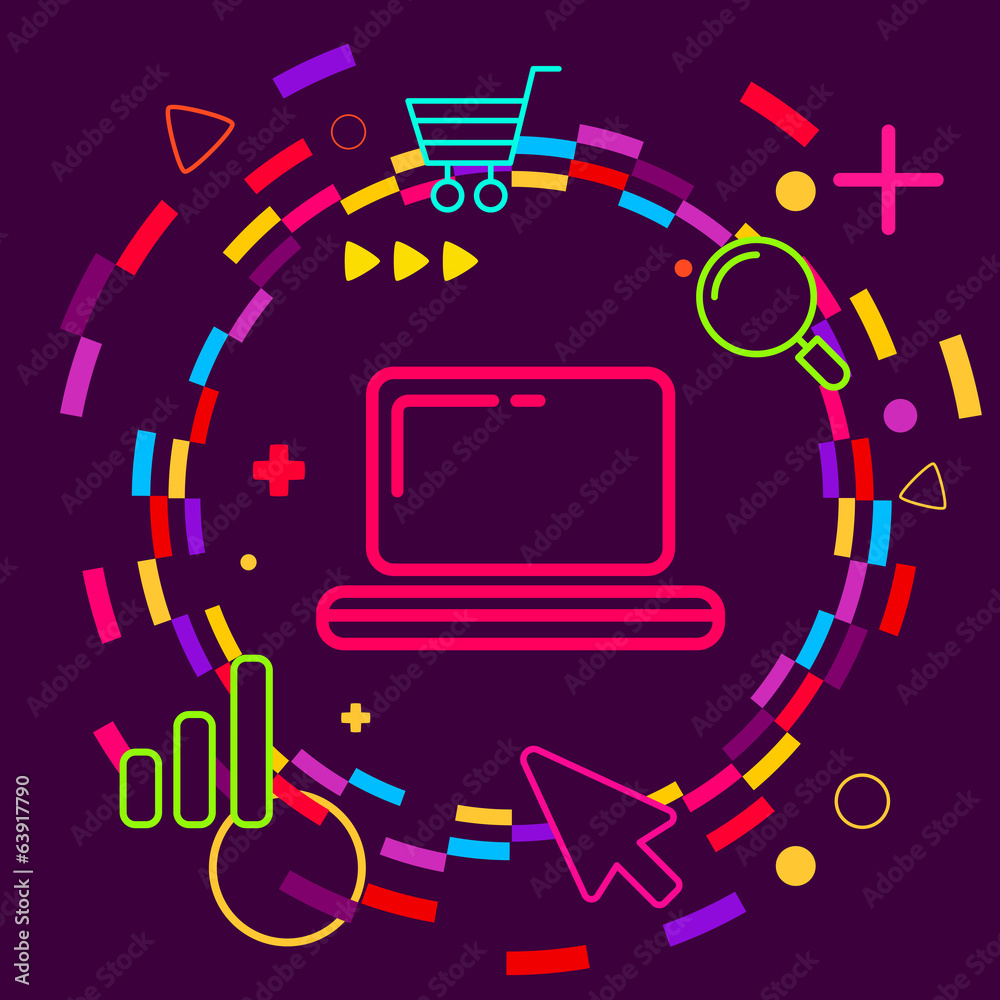 Fototapeta premium Laptop on abstract colorful geometric dark background with diffe