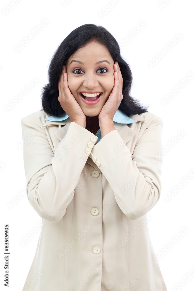 Excited young business woman against white background Excited young business woman against white background