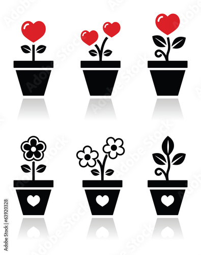 Heart in flower pot vector icons set