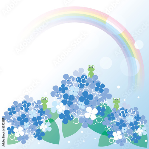 Frogs and hydrangea with beautiful rainbow