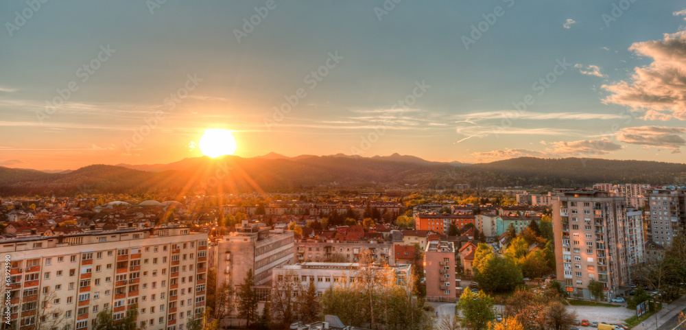 City view with a sunset