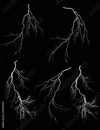 group of five white lightnings on black