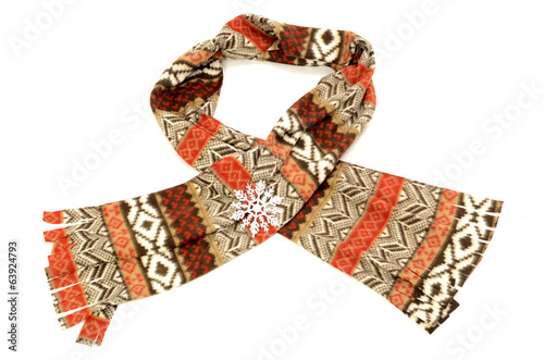 Brown and orange winter scarf with fringe isolated on white.