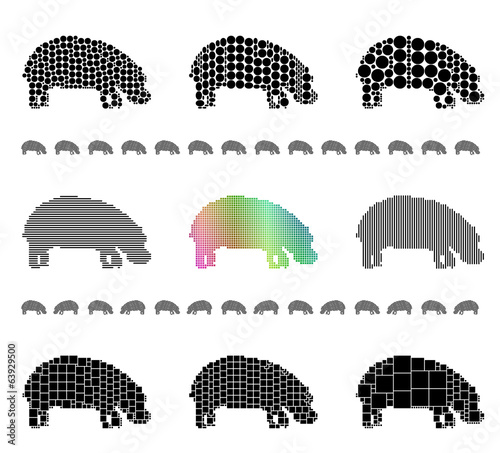 Hippopotamus silhouette mosaic set