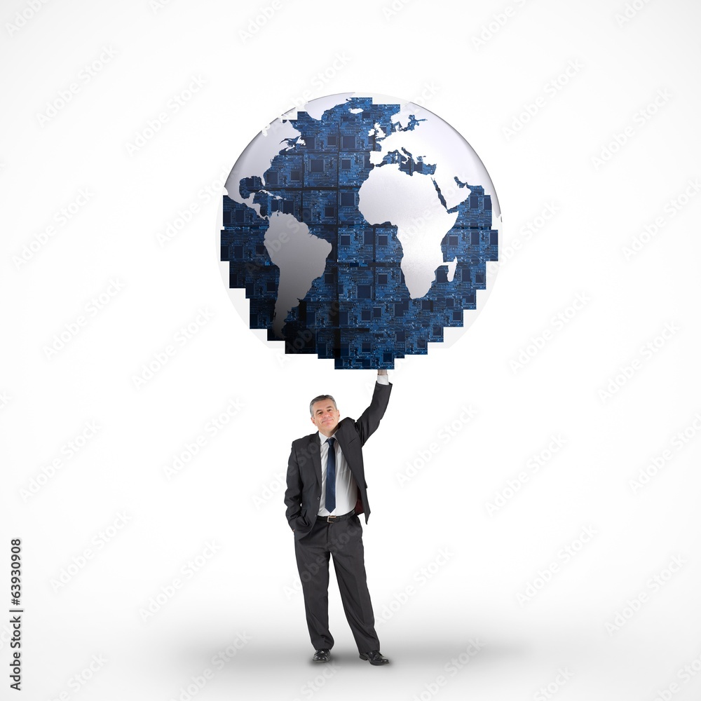 Composite image of businessman holding blue earth Composite image of businessman holding blue earth