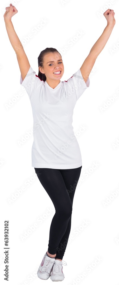 Excited football fan in white cheering Excited football fan in white cheering