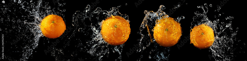 Set of fresh oranges in water splash - obrazy, fototapety, plakaty 