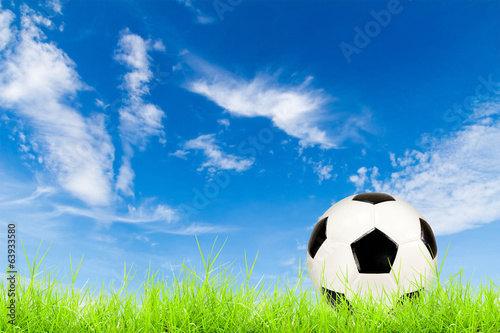 soccer ball on green grass with blue sky