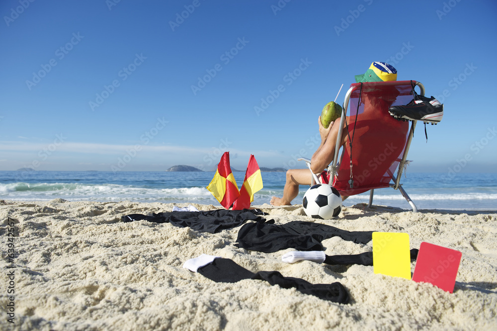 Soccer Football Referee Relaxing on Beach Chair Brazil