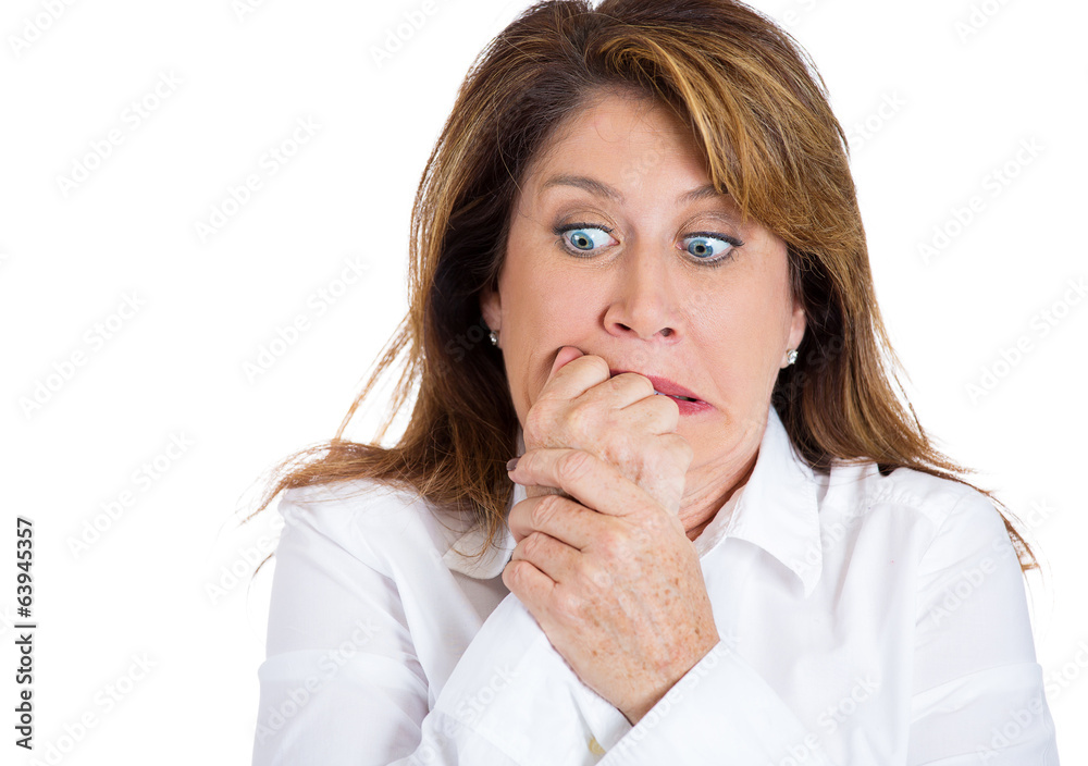 Headshot middle aged anxious woman isolated on white Headshot middle aged anxious woman isolated on white